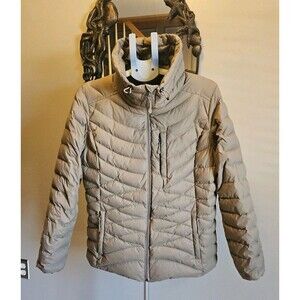Duluth Trading Co Duck Down Puffer Jacket Womens L Packable Tan Khaki Cordura